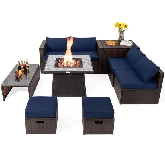 Resenkos 9 Pieces Patio PE Wicker Sectional Set with 50000 BTU Fire Pit Table-Navy, Patio Seating Conversation Set, Modern Patio Sofa Sectional All Weather Proof for Patio Back Deck