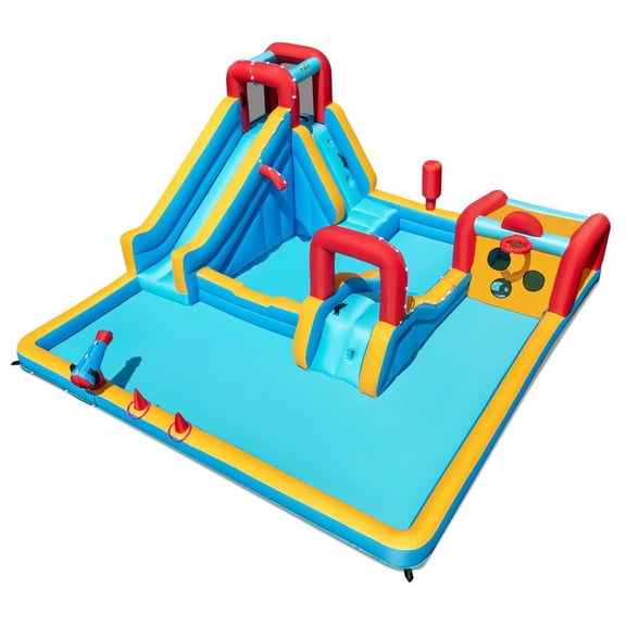 Resenkos 9-in-1 Giant Inflatable Double Water Slide Park Bounce House - Blower Not Included Summer Backyard Play Center - Multicolor