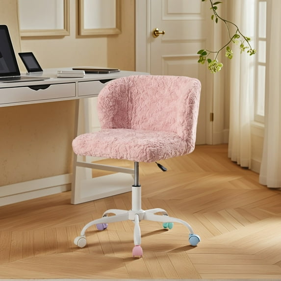 Resenkos A&A Furniture Office Chair, Artificial Rabbit Hair Upholstery, Metal Base, Adjustable Swivel Desk/Vanity Chair (Pink) - Pink