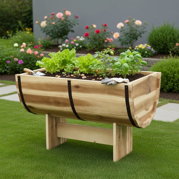 Resenkos Acacia Wood Elevated Planter Box with Metal Reinforcement Half Whiskey Barrel Style Outdoor & Indoor Wooden Planter for Flowers, Herbs, Vegetables, and Succulents (18" x 12" x 11.5")