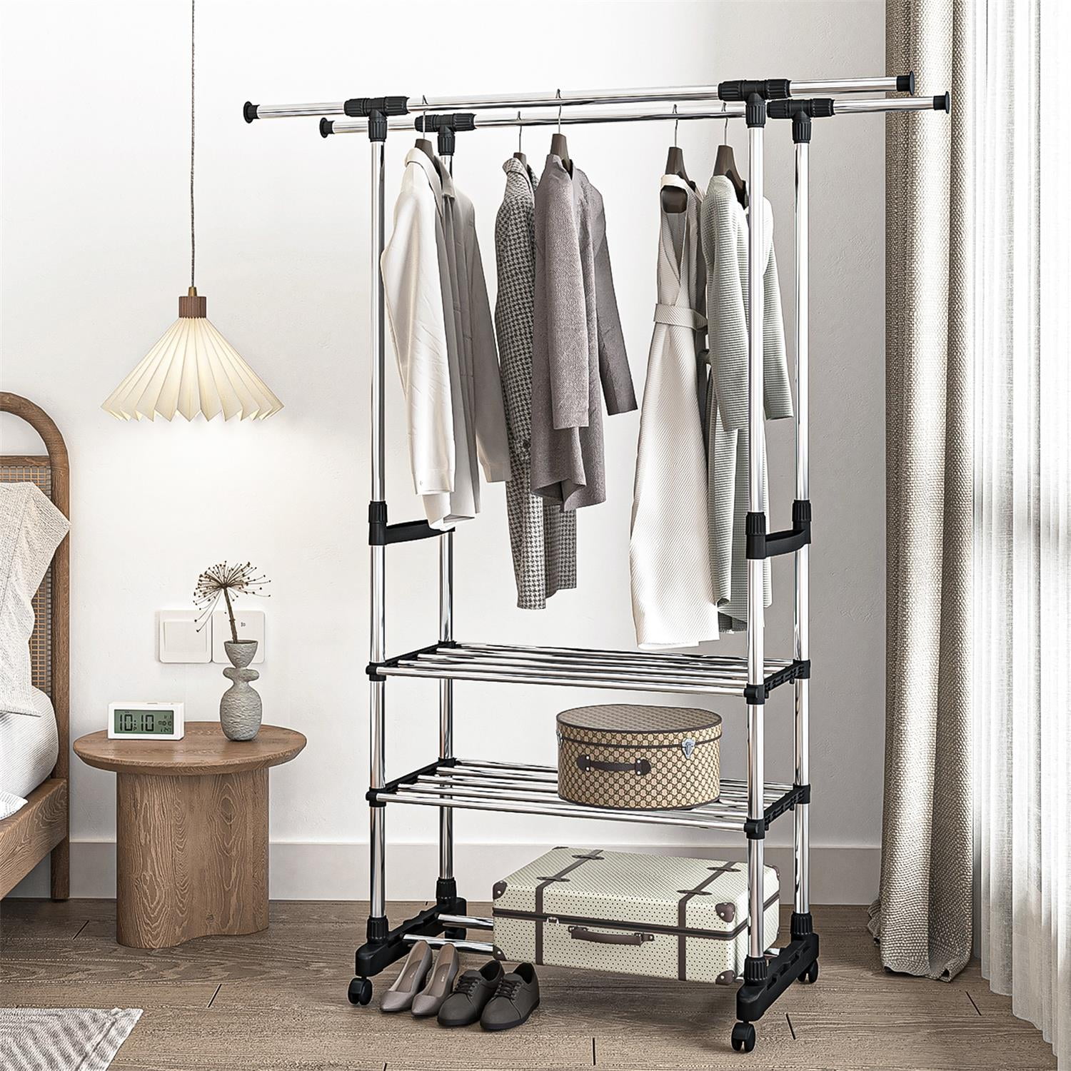 Home Solution Foldable Garment & Clothes Drying Rack, 2-Tier Adjustable  Height, 60 Garments, Stainless Steel, Sturdy 4 Legs, Wheels