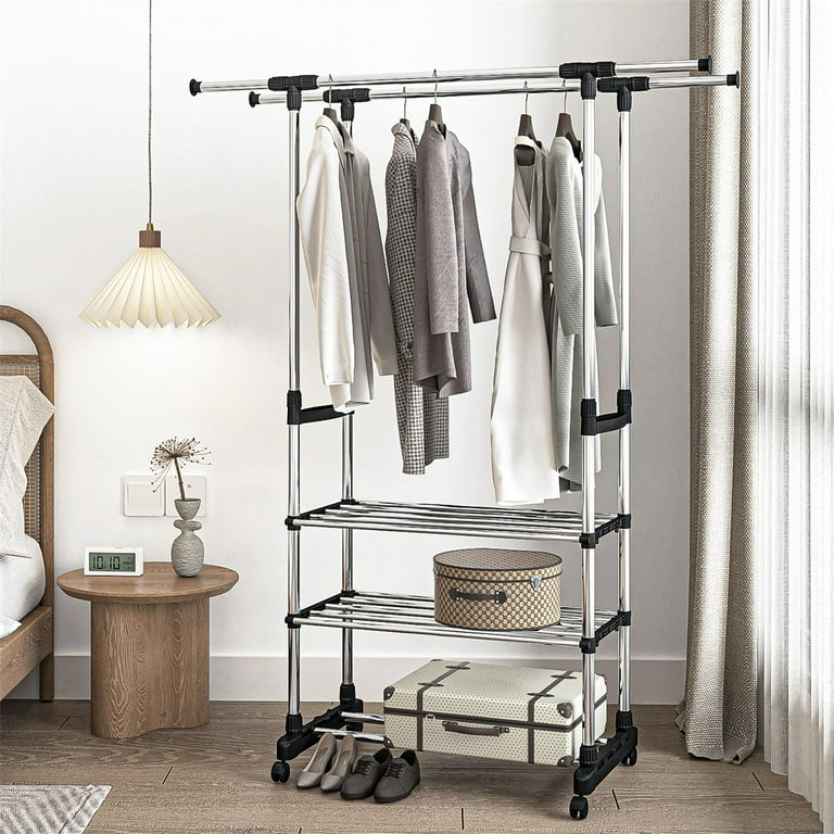  Clothing Garment Rack Metal Heavy Duty Double Rail Clothes Rack  Organizer 2-Tier Storage Shelf for Boxes Shoes Boots Commercial Grade  Multi-Purpose Entryway Shelving Unit for Home Office Bedroom Black : Home