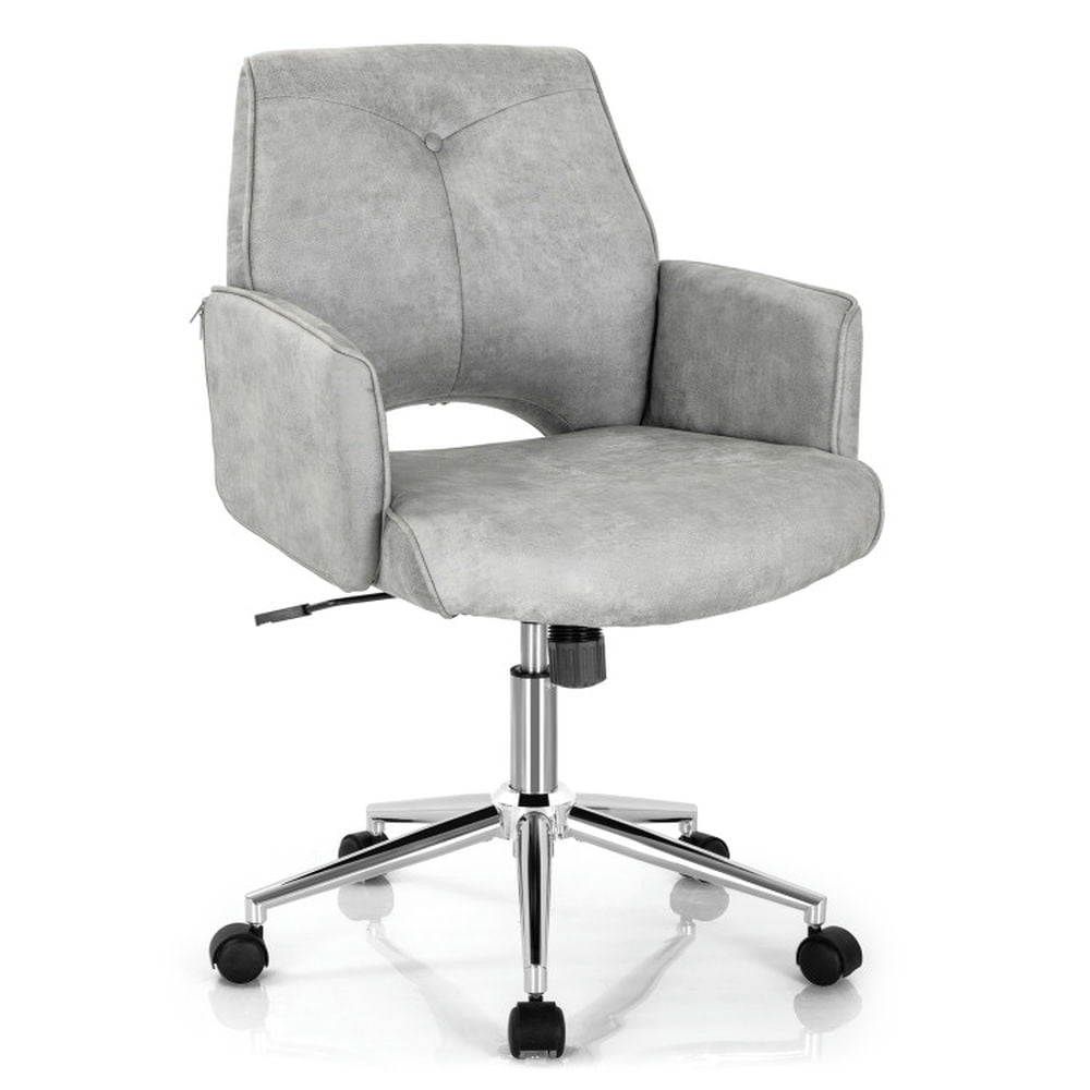 Gray Leather Mid Back Swivel Task Chair with Adjustable Arms