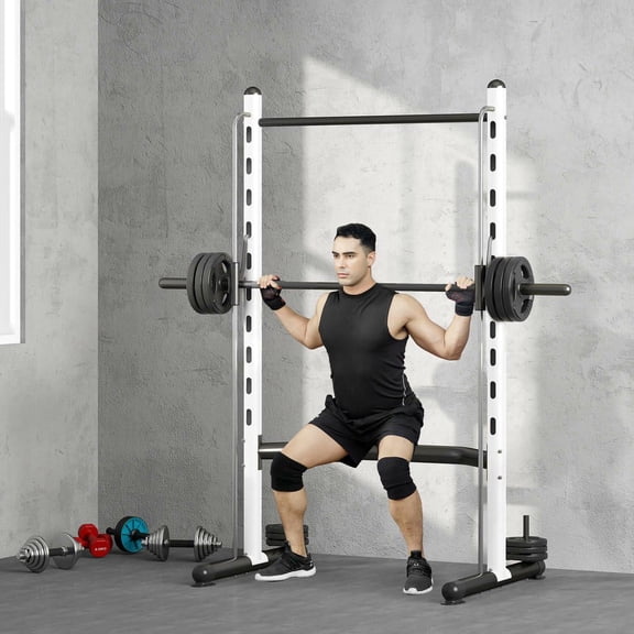 Resenkos Adjustable Weight Lifting Squat Rack with Pull-Up Bar and Bench Press - White