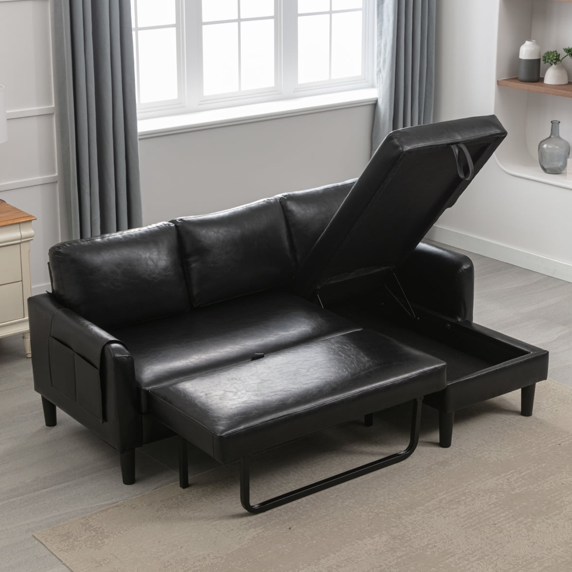 Resenkos Air Leather L Shaped Sleeper Sectional Sofa with Storage Chaise, Couch Convertible Pull-Out Bed, Black