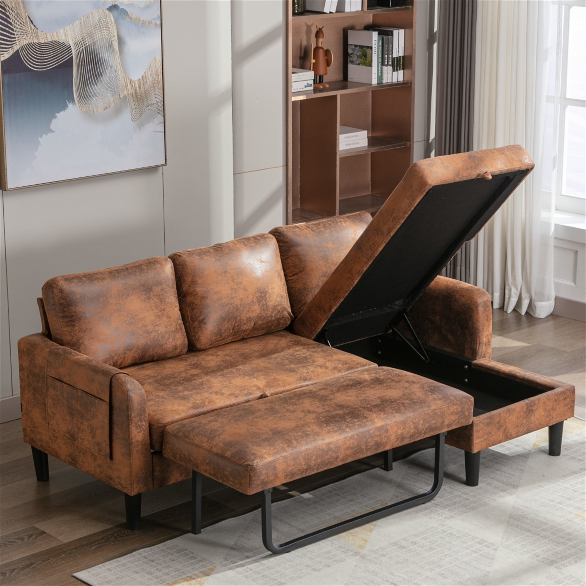 Resenkos Air Leather L Shaped Sleeper Sectional Sofa with Storage Chaise Couch Convertible Pull Out Bed Coffee