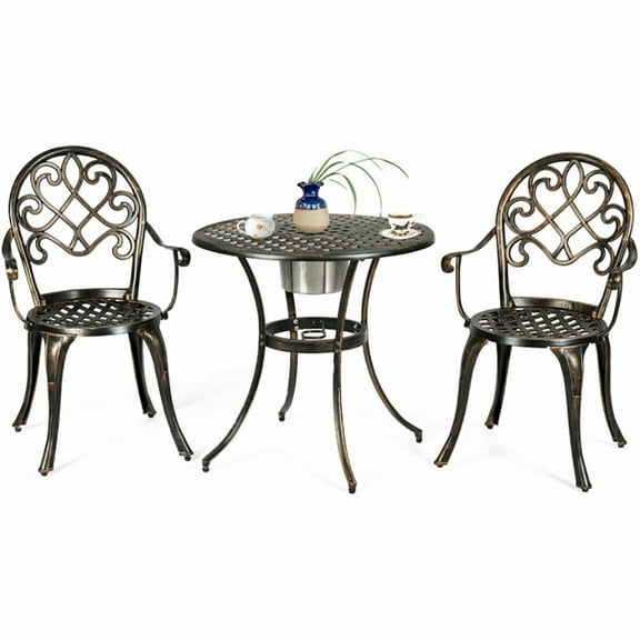 Resenkos Anti-Rust Cast Aluminum All-Weather 3-Piece Outdoor Bistro Set with Attached Removable Ice Bucket All-Weather Patio Furniture Set