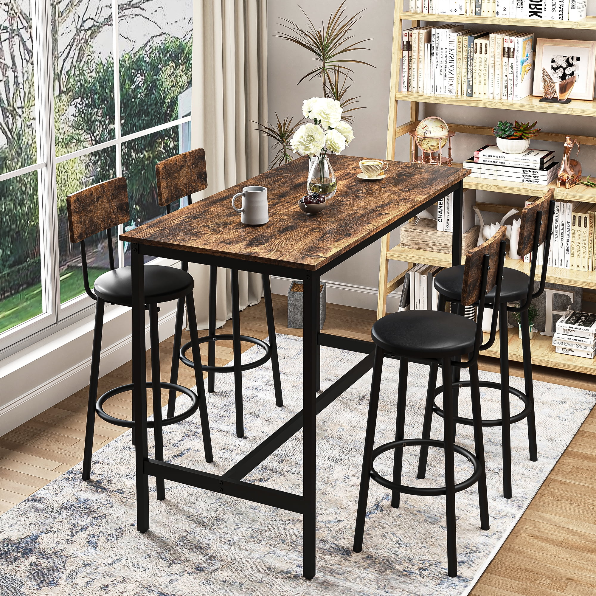 Resenkos Antique Brown 5 Piece Dining Table Wood Set with 4 Height ...