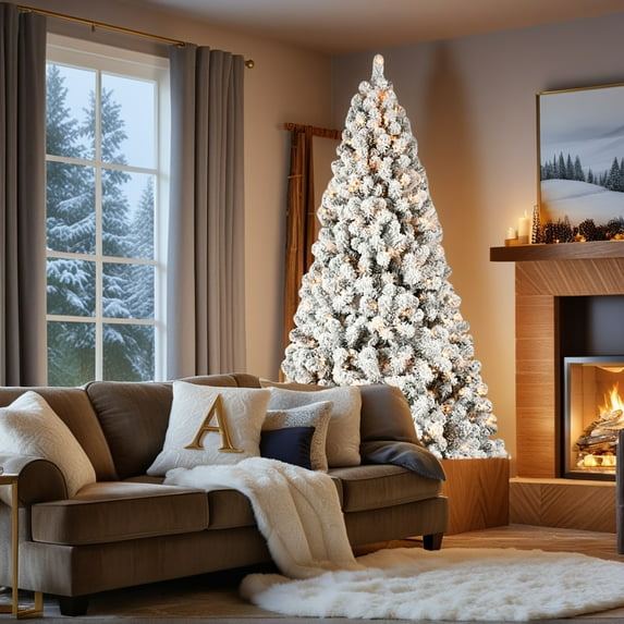 Resenkos Artificial 7ft Flock LED-lit Christmas Tree with 1072PVC Mixed Branch Tips,Hinged Premium & Foldable Base for Indoor Holiday Decorating, Green White