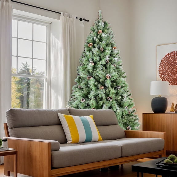 Resenkos Artificial 7ft Green Christmas Tree with 1348PVC/Hard Needle Mixed Branch Tips,Pine cone,Hinged Premium & Foldable Base for Indoor Holiday Decorating, Green