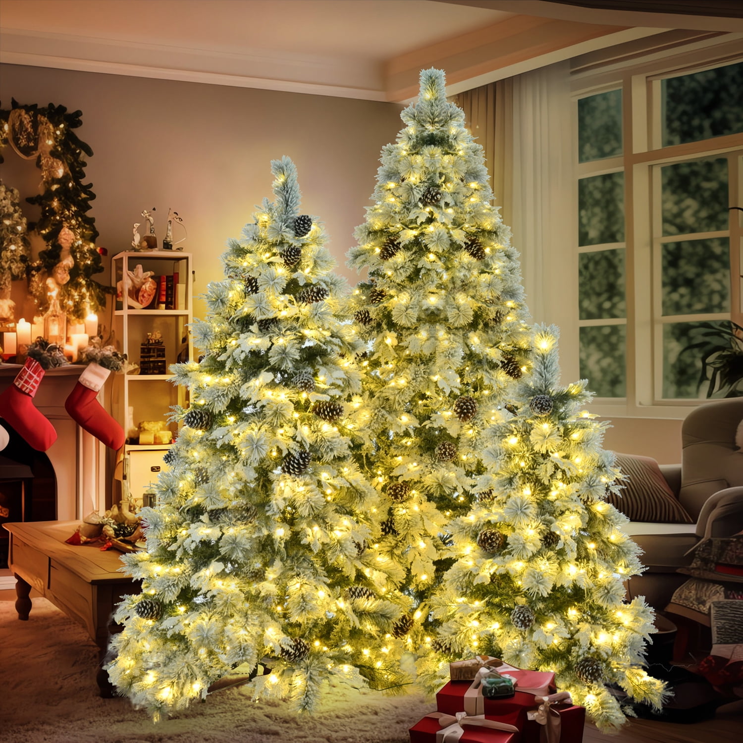 Resenkos Artificial Full Christmas Tree,PreLit Spruce Snow Flocked Xmas Tree Set 4FT, 6FT, 7