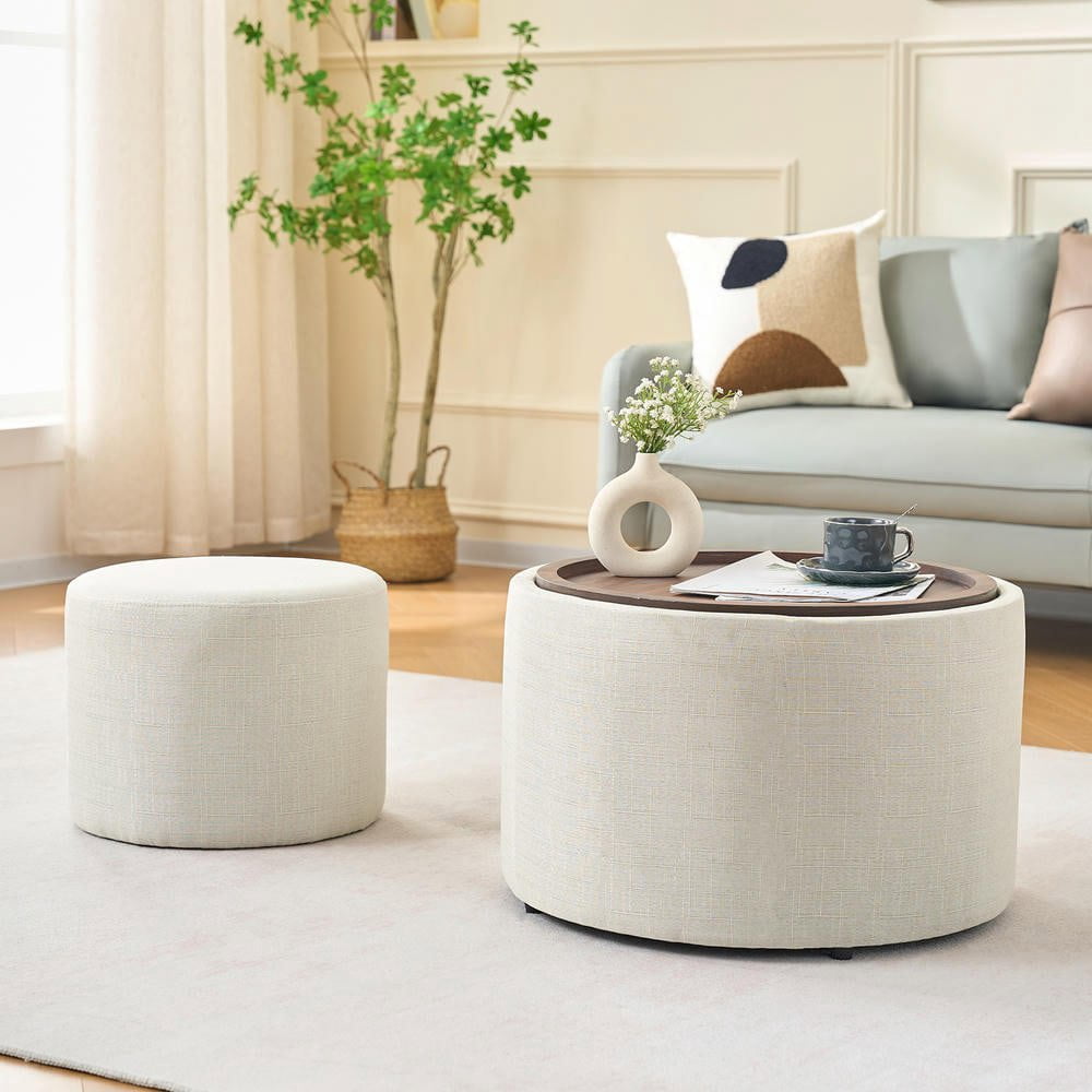 Resenkose Ball & Cast Nesting Storage Ottomans Set of 2, Linen Upholstered Footstool with Wood Tray, Round Coffee Table, Beige