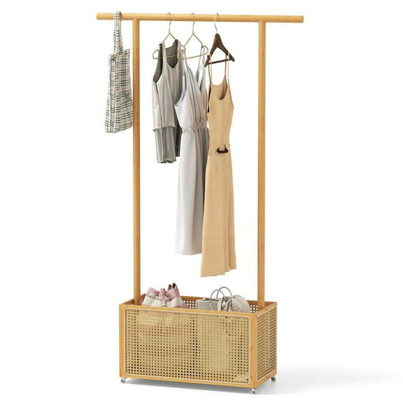 Resenkos Bamboo Clothes Rack with Rattan Storage Basket & Wheels, Natural