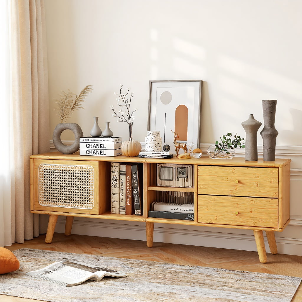 Resenkos Bamboo TV Stand for TV up to 65 Inch-Natural, Mid Century Modern TV Stand for Living Room Bedroom