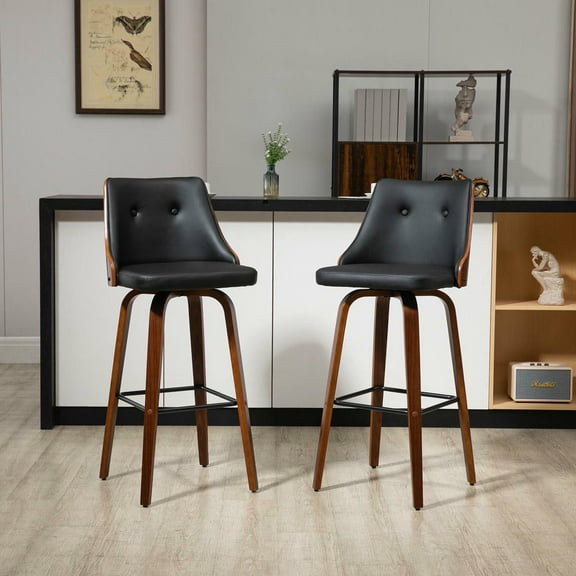 Resenkos Bar Height Bar Stools, PU Leather Swivel Barstools with Footrest and Tufted Back, Set of 2, Black
