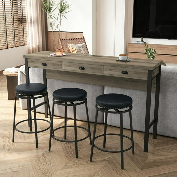 Resenkos Bar Table Set,Bar Table Chairs Set3-Drawer Long Dining Table Set with Power Outlets and Circular PU Stools,Brown Gray Table+Black Stool