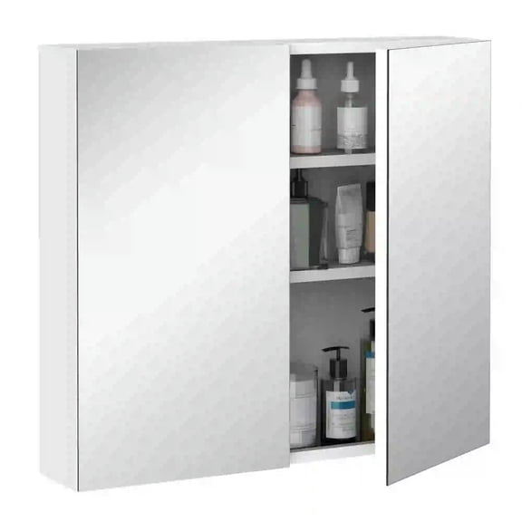Resenkos Bathroom Mirrored Cabinet, 24"x22" Steel Frame Medicine Cabinet, Wall-Mounted Storage Organizer with Double Doors, White