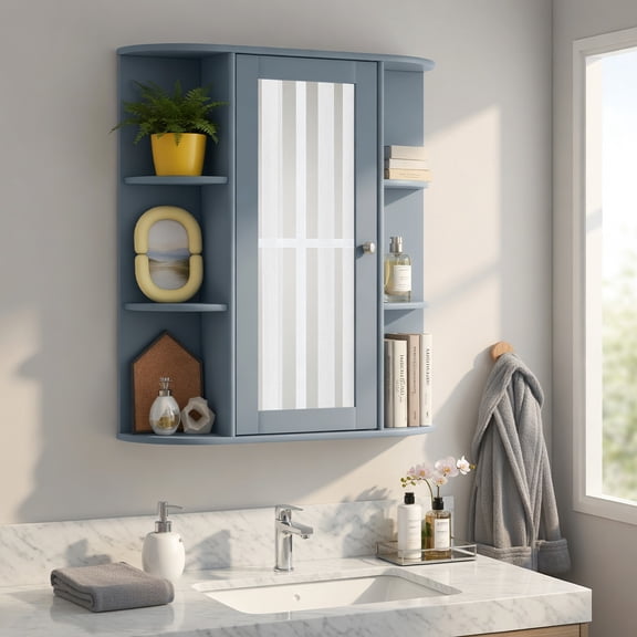 Resenkos Bathroom Single Door Shelves Wall Mount Cabinet with Mirror-Gray, Wall Cabinet for Bathroom Laundry Room Kitchen