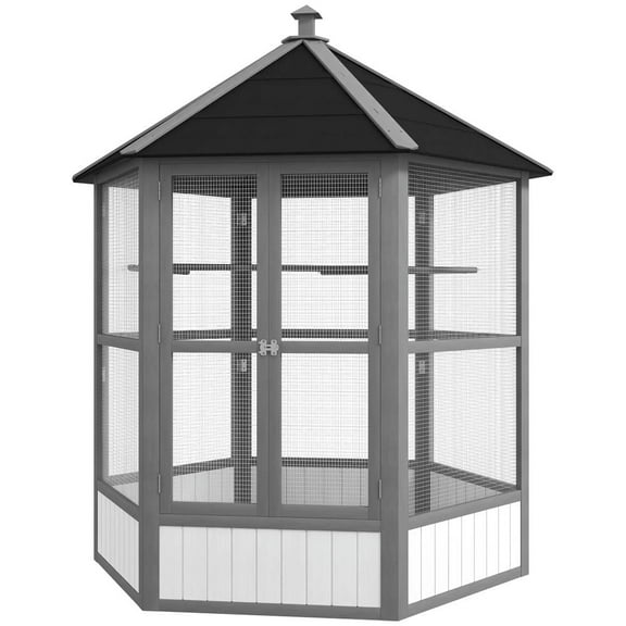 Resenkos Bird Cage, Bird Cages Habitat,69" Wooden Hexagonal Outdoor Aviary Flight Bird Cage With Covered Roof, Light Gray