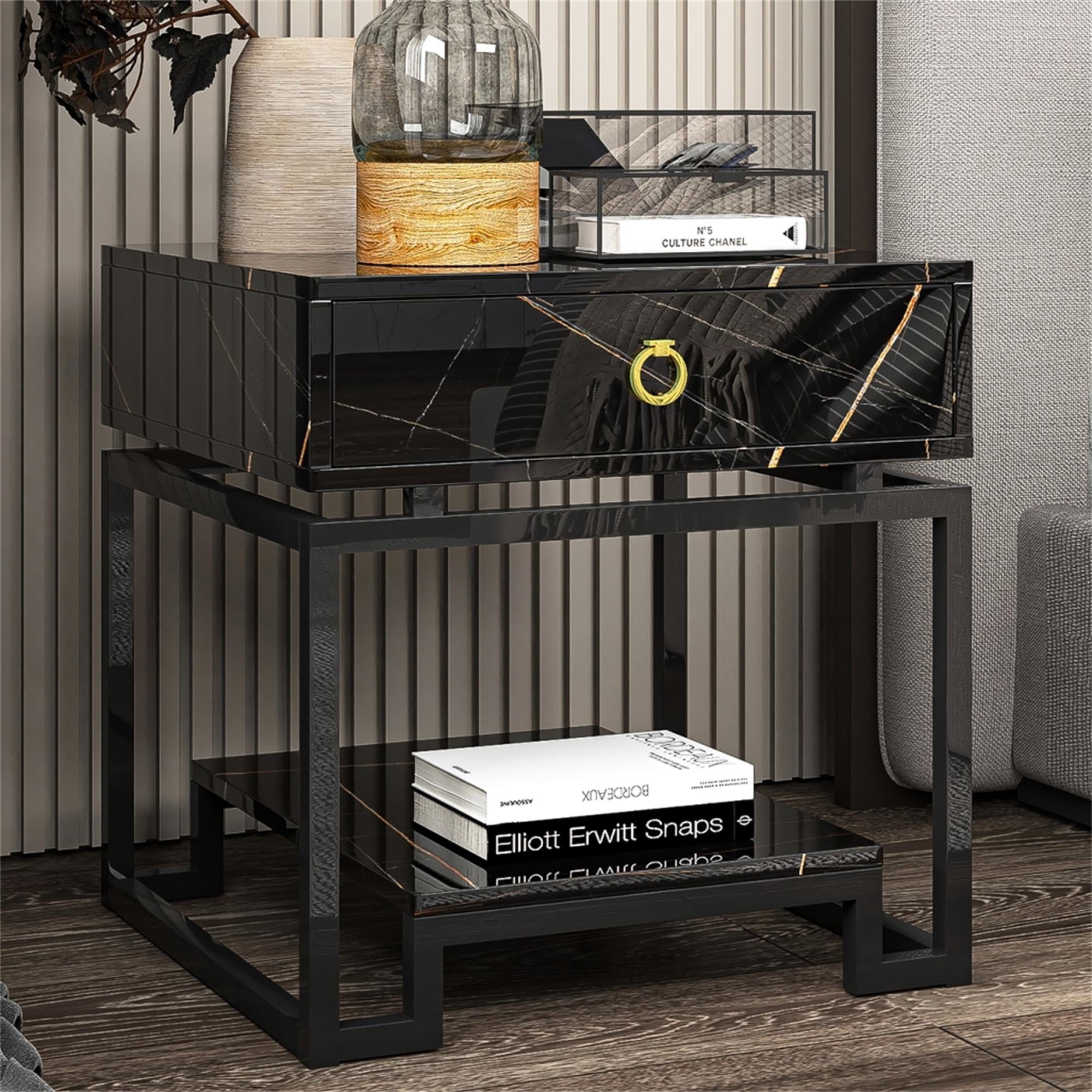 Resenkos Black Marble Nightstand for Bedroom with Golden Handle, Modern Drawers and Shelf Bedside Table