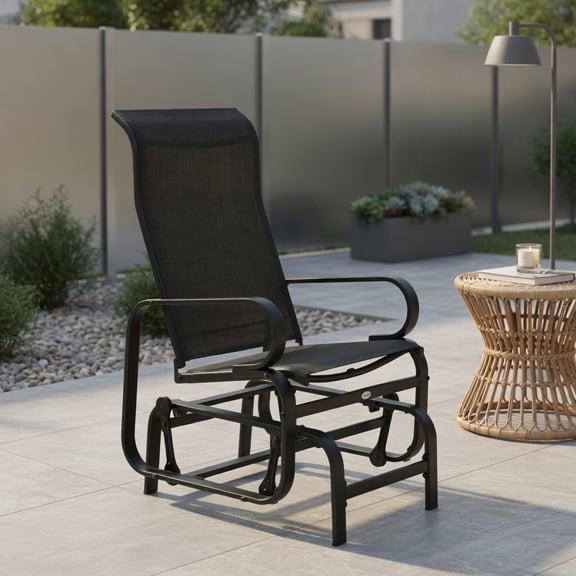 Resenkos Black Outdoor Patio Glider Rocker Chair with Smooth Rocking Arms Weather-Resistant Breathable Mesh Sling, Ergonomic High-Back Design for Backyard, Deck & Porch