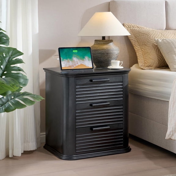 Resenkos Black Woodgrain 3-Drawer Nightstand, 22" Wide Fluted End Table with Charging Station for Bedroom