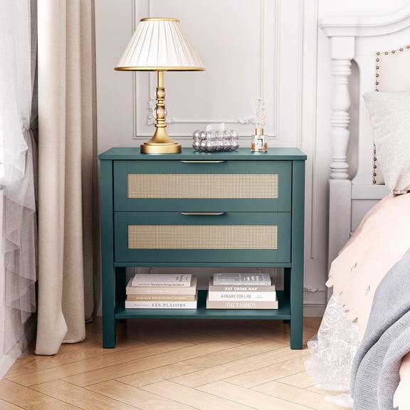 Resenkos Bohemian Rattan Storage Nightstand with Dual Drawers, Slim Side Table for Bedroom, Green