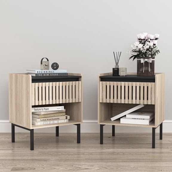 Resenkos Boho Nightstand Set of 2 with Hollowed-Out Drawers, Storage Night Stand and Wood Natural