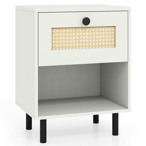 Resenkos Boho Rattan Nightstand – Rattan Drawer + Open Shelf, Stylish End Table for Bedroom/Living Room, White