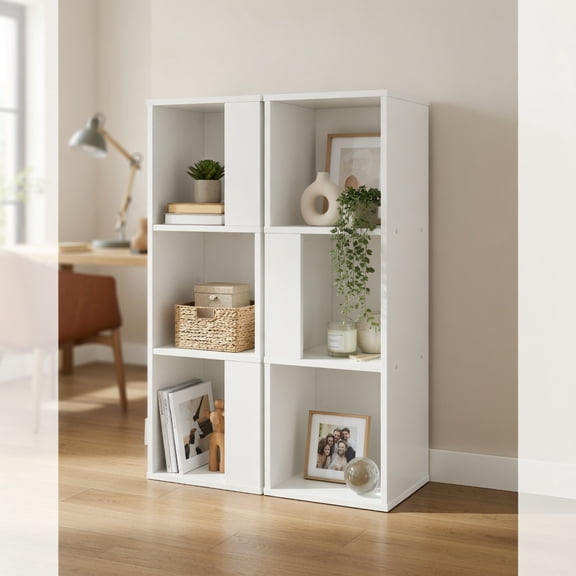 Resenkos Bookshelf,Shelf, Open Bookcase Book Shelf,Storage Shelf Unit Plant Stand,3-Tier 6 Cube Freestanding Bookcase with Anti-toppling Device-White