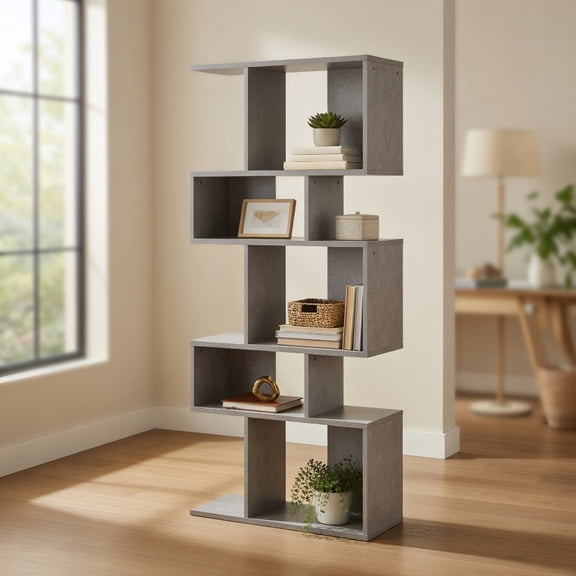 Resenkos Bookshelf,Shelf, Open Bookcase Book Shelf,Storage Shelf Unit Plant Stand,5 Cubes Ladder Shelf Corner Bookshelf Display Rack Bookcase-Gray