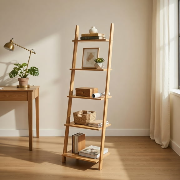 Resenkos Bookshelf,Shelf, Open Bookcase Book Shelf,Storage Shelf Unit Plant Stand,5-Tier Modern Bamboo Wall-Leaning Display Ladder Bookshelf