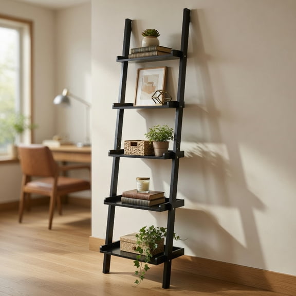 Resenkos Bookshelf,Shelf, Open Bookcase Book Shelf,Storage Shelf Unit Plant Stand, 5-Tier Wall-leaning Ladder Shelf Display Rack for Plants and Books-Black