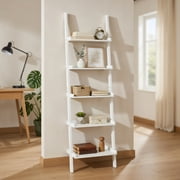 Resenkos Bookshelf,Shelf, Open Bookcase Book Shelf,Storage Shelf Unit Plant Stand, 5-Tier Wall-leaning Ladder Shelf Display Rack for Plants and Books-White