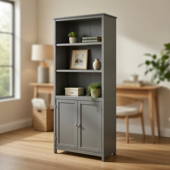 Resenkos Bookshelf,Shelf, Open Bookcase Book Shelf,Storage Shelf Unit Plant Stand,Bookcase Shelving Storage Wooden Cabinet Unit Standing Display Bookcase with Doors-Gray