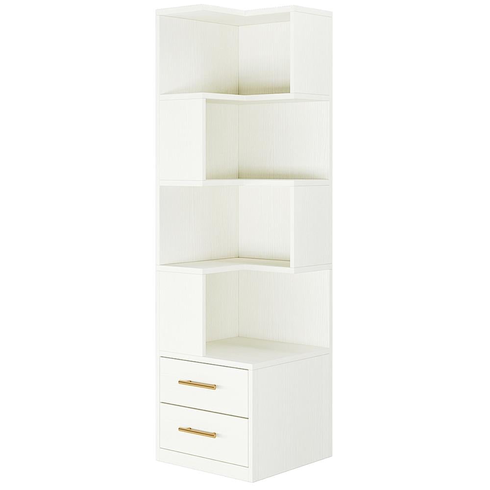 Resenkose Bookshelf, Storage Shelf, Bookcase,66.9" L-Shaped Bookshelf, Corner Bookcase With 5-Tier Shelf And 2 Drawers, White