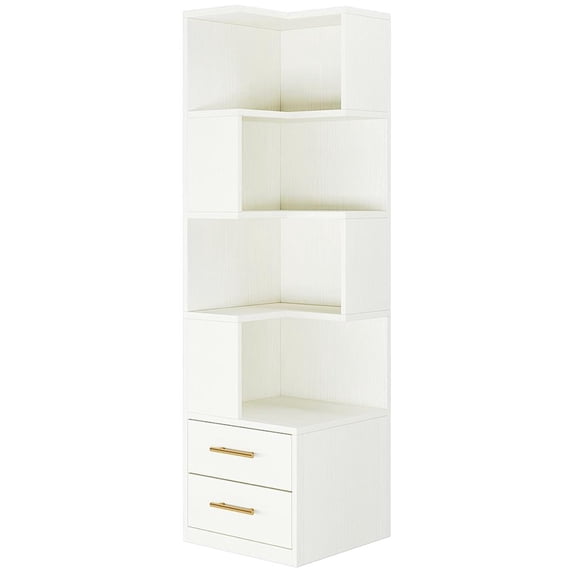 Resenkos Bookshelf, Storage Shelf, Bookcase,66.9" L-Shaped Bookshelf, Corner Bookcase With 5-Tier Shelf And 2 Drawers,White