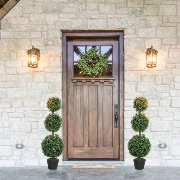 Resenkos Set of 2 Artificial Ball Boxwood Topiary Trees - Fake Plants in Pot for Indoor/Outdoor Living Room, Green