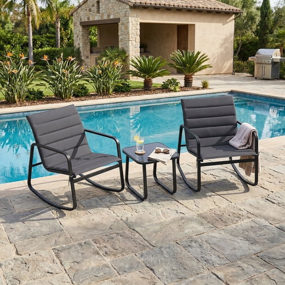 Resenkos Breathable Fabric Porch Seating for Patio Space, 3-Piece Outdoor Rocking Bistro Set with Tempered Glass Table, Gray