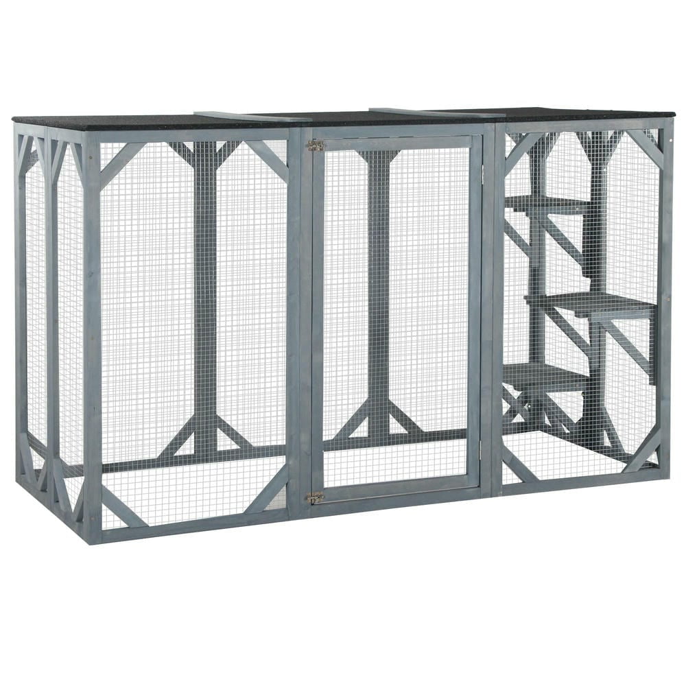 Resenkos Cat Cage, Cat Crate Kennel Enclosure Playpen,71" x 32" x 44" Large Wooden Outdoor Cat Enclosure Catio Cage With 3 Platforms, Grey