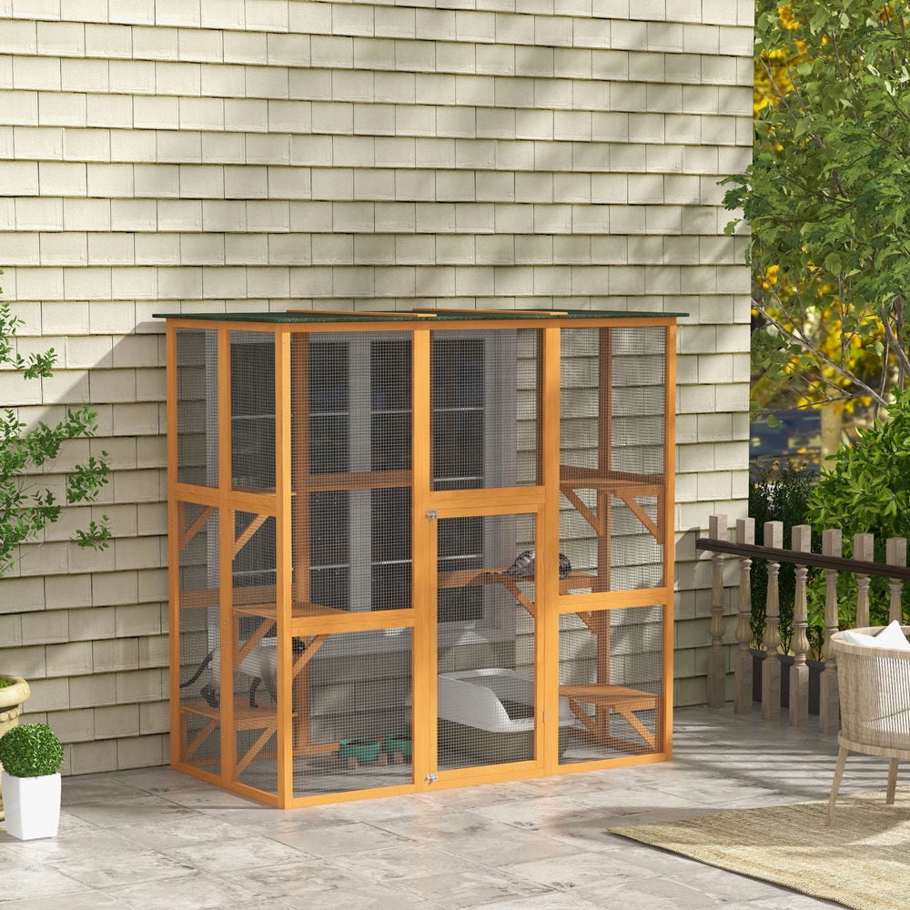 Resenkos Cat Playpen,Outdoor Cat House Big Catio Wooden Feral Cat Shelter Enclosure with Large Spacious Interior, 6 High Ledges, Weather Protection Asphalt Roof, 71" L, Orange