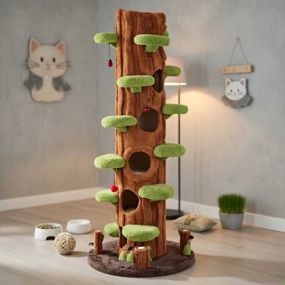 Resenkos Cat Scratching Tower,Cat Tree, 90.5 Inch Tall Multifunctional Cat Tree with Private Condos for Indoor Cats-Brown
