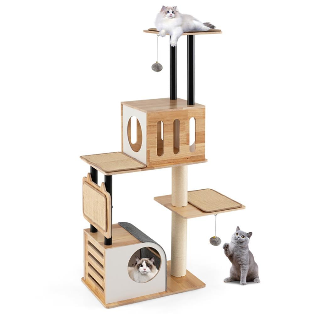 Resenkos Cat Scratching Tower,Cat Tree, Modern Tall Cat Tower with Double Condos with Dangling Balls and Sisal Carpets-Natural