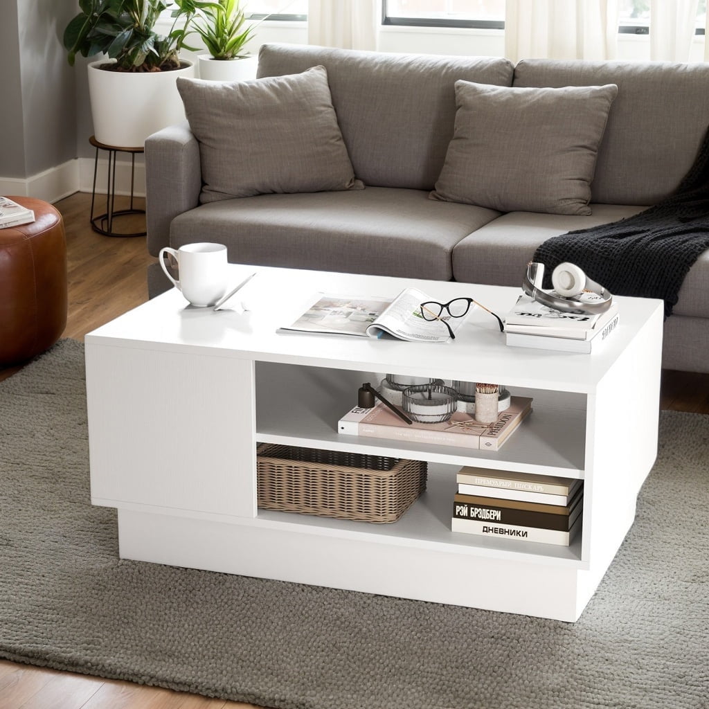 Resenkose Center Coffee Table, Living Room Table,Modern Coffee Table with 2-Tier Open Storage Shelves-White