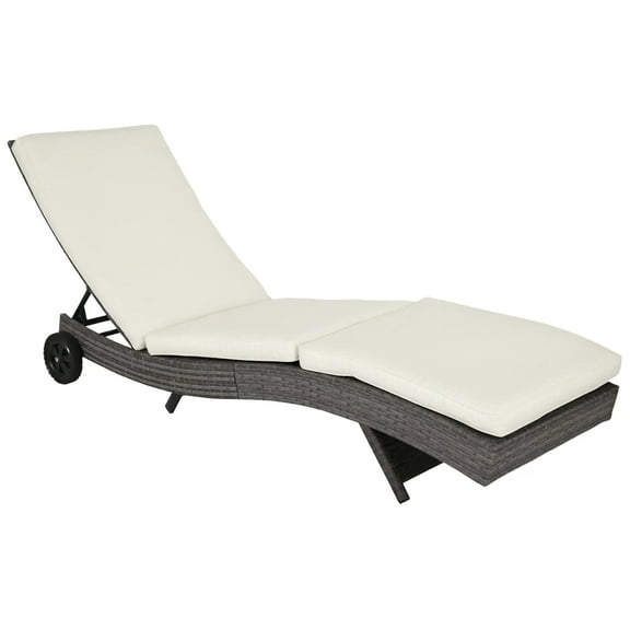 Resenkos Chaise Lounger With 5-Level Backrest Adjustment, Cushioned Patio Sun Lounger, Easy-Moving Wheels, PE Rattan, Cream White