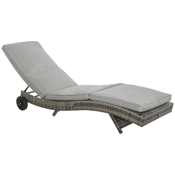 Resenkos Chaise Lounger With 5-Level Backrest Adjustment, Cushioned Patio Sun Lounger, Easy-Moving Wheels, PE Rattan, Mixed-Gray