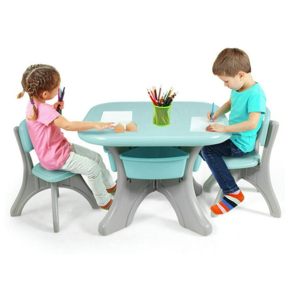 Resenkos Children Kids Activity Table & Chair Set Play Furniture W/Storage-Blue, Small Folding Table for Arts & Crafts, Snack Time, Homeschooling, Homework