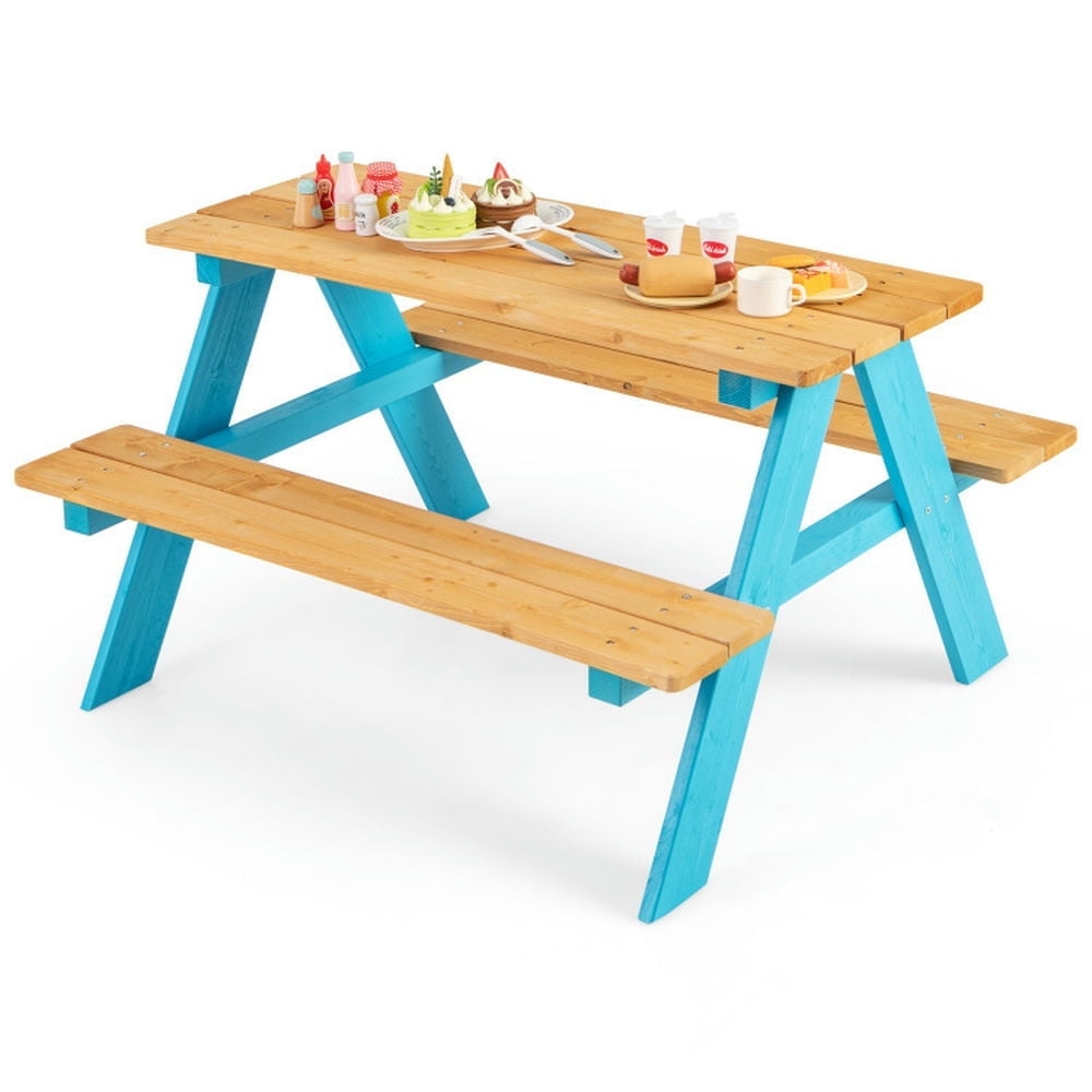 Resenkose Children Outdoor Wooden Table with Bench Seats for Indoor and Outdoor Use-Natural, Small Folding Table for Arts & Crafts, Snack Time, Homeschooling, Homework, Blue