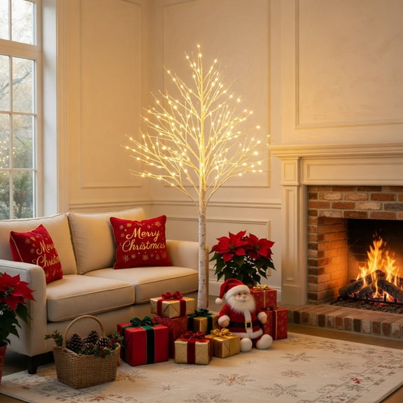Resenkos Christmas Decor,5 Feet Pre-lit White Twig Birch Tree with 72 LED Lights for Christmas