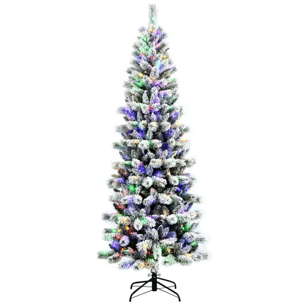 7.5 ft Snow Flocked Pine Christmas Tree with Multicolor LED Lights